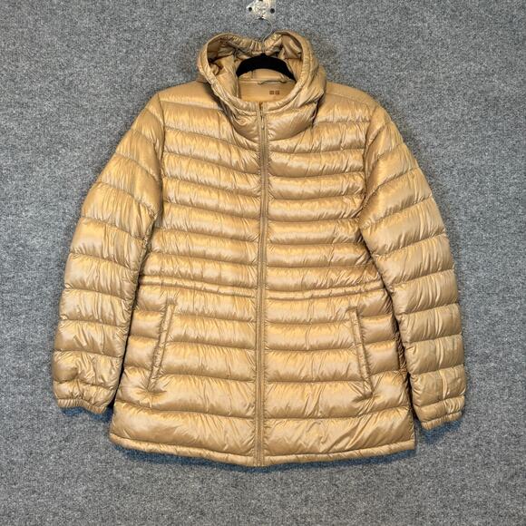Uniqlo Jacket Womens XL Beige Ultra Light Down Puffer Zip Hooded Cinched - Picture 2 of 11